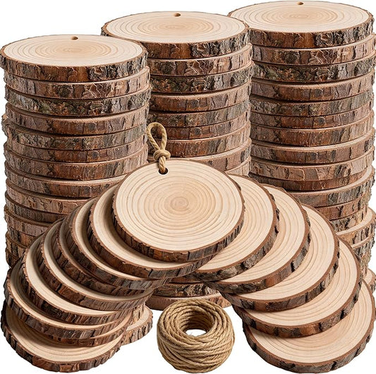 80PCS Pre-Drilled Wood Slices with Holes, 3.2-4 Inch Natural Pine Discs & 24M Hemp Rope, Sanded Smooth DIY Crafts Kit for Christmas Ornaments, Rustic Wedding Decor, Kids Art (80pcs)