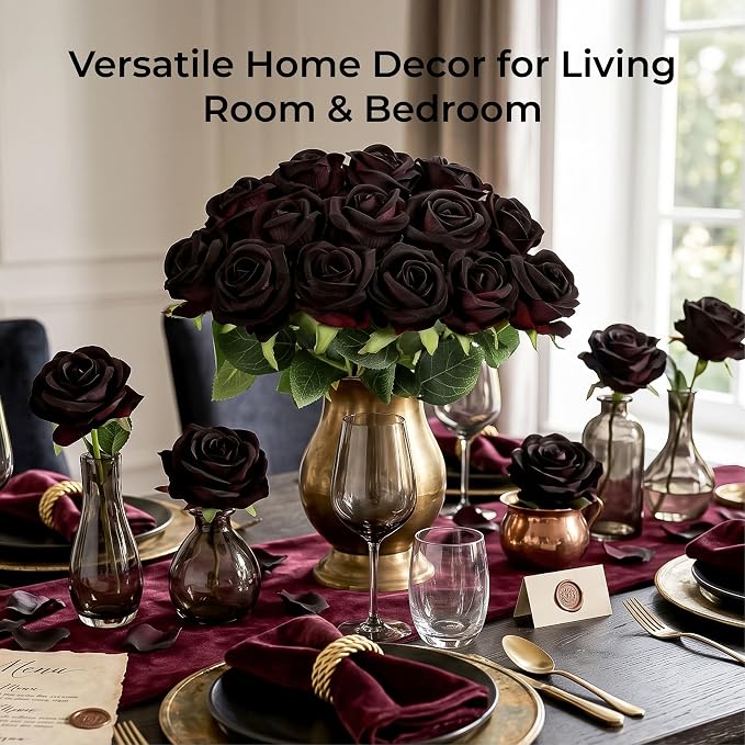 Auihiay 60PCS Artificial Roses, Black Magic Roses, Velvet Silk Roses, Realistic Artificial Flowers for Gothic Wedding Centerpieces, Anniversary, Valentine's Day & Halloween Home Decor