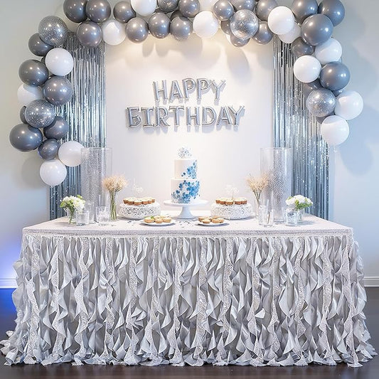 Wish Care 9ft Silver Sequin Tutu Table Skirt for Rectangle Tables Curly Willow Tutu Skirting Ruffle Table Cloth Glitter Desk Skirts for Wedding Birthday Space Theme Party Banquet Table Decorations