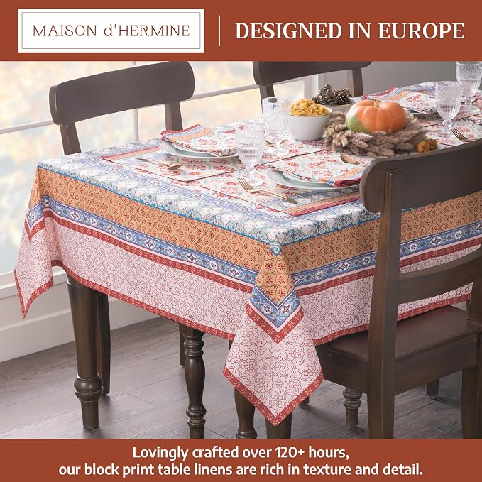 Maison d' Hermine Table Cloth Rectangle Table 100% Cotton 60 x 90 Inches Fall Tablecloth Reusable Everyday Use for Thanksgiving Christmas Decorations Dining Farmhouse Party (Romane)