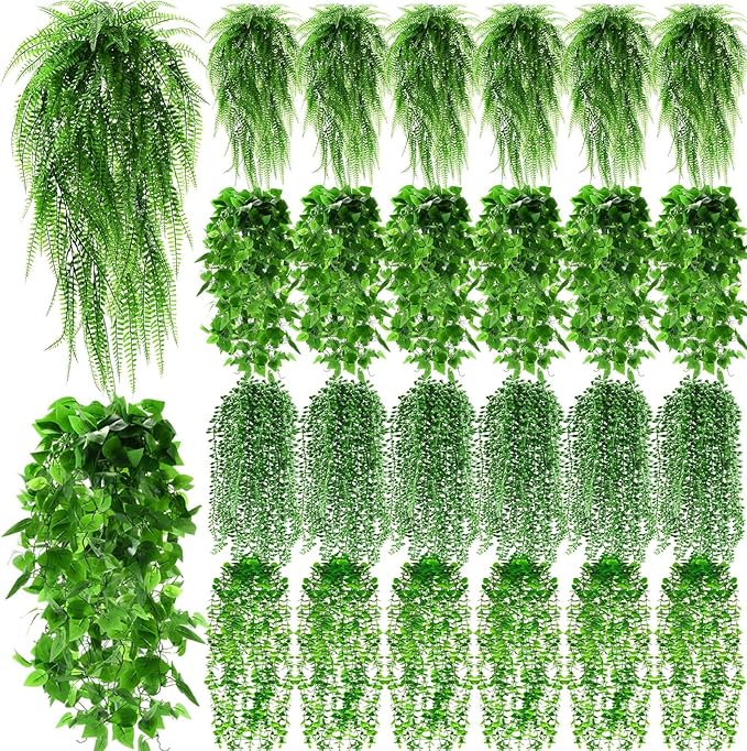Daifunli 48 Pcs Artificial Hanging Plants Fake Hanging Ferns Plastic Fake Plants for Wall Room Garden Garland Indoor Outdoor Decor No Basket (Boston,Eucalyptus,Ivy Vine,String of Pearls)