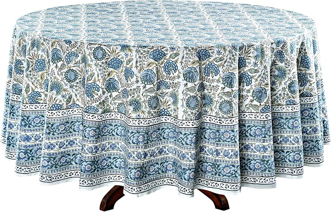 Ridhi Round Tablecloth Hand Block Print 100% Cotton Reusable Asparagus Green 110 Inch Table Cover Decorative Everyday Use for Dining, Home, Party, Wedding, Farmhouse Gift for Spring, Mother's Day