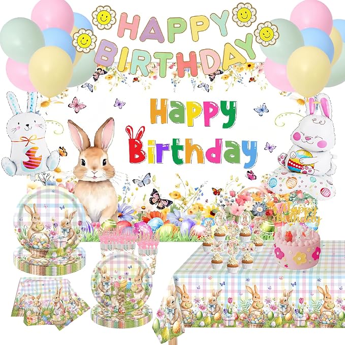 Easter Rabbits Themed Happy Birthday Party Decorations, Plates Napkins Cups Tableware, Bunny Egg Background Tablecloth, Happy Birthday Banner, Cake Toppers, Colorful Balloons for Kids and Adults