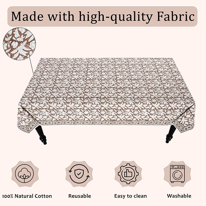 Ridhi Oak Brown Hand Block Print Cotton Rectangle Tablecloth 120" x 80" inches Reusable Table Cover Decorative Everyday Use for Dining Room, Farmhouse, Home Gift for Spring, Mother's Day