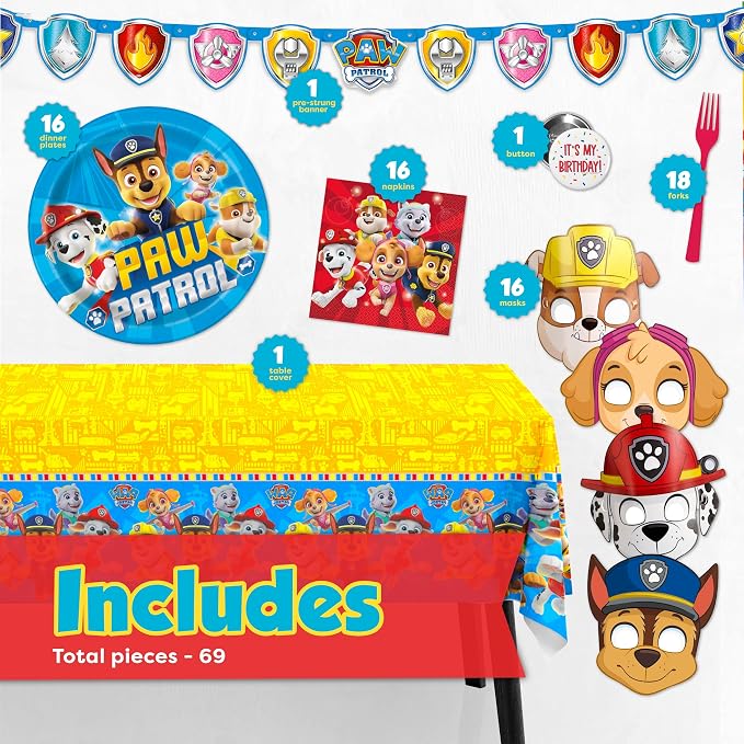 Paw Patrol Birthday Decorations Party Supplies for 16 Guests - Complete Officially Licensed Kit with Plates Napkins Banner and Masks Party Favors Set for Kids