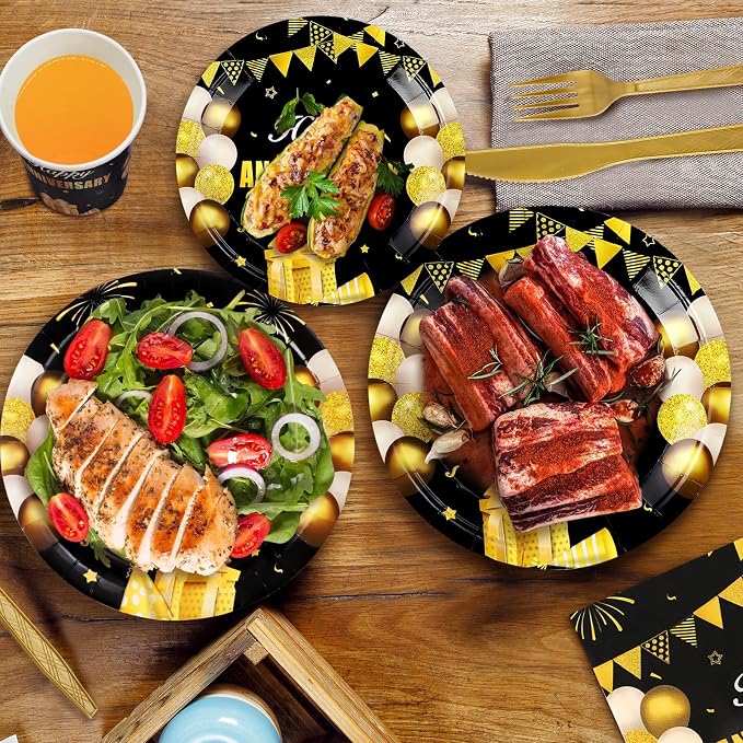 168Pcs Black and Gold Party Supplies Tableware Set Happy Anniversary Plates, Knife,Forks,Spoons, Cups and Napkins Table Decorations for Anniversary Wedding Birthday Party Decorations, 24 Guests