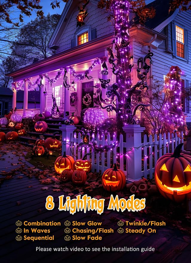 Halloween Solar String Lights Outdoor Waterproof, 19.6Ft 240 LED 8 Modes | Solar Fairy Lights Halloween Lights Outdoor, Waterproof Twinkle Firecracker Light for Patio Yard Trees, Purple