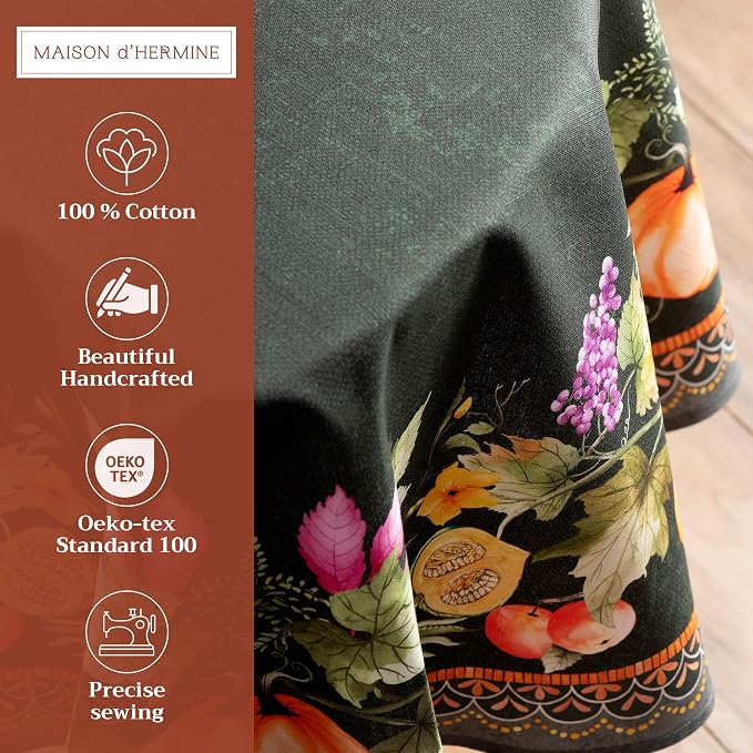 Maison d' Hermine Table Cloth Round Table 100% Cotton 69 Inches Fall Tablecloth Reusable Everyday Use for Thanksgiving Christmas Decorations Dining Farmhouse Party (Pumpkin Garden - Dark Green)