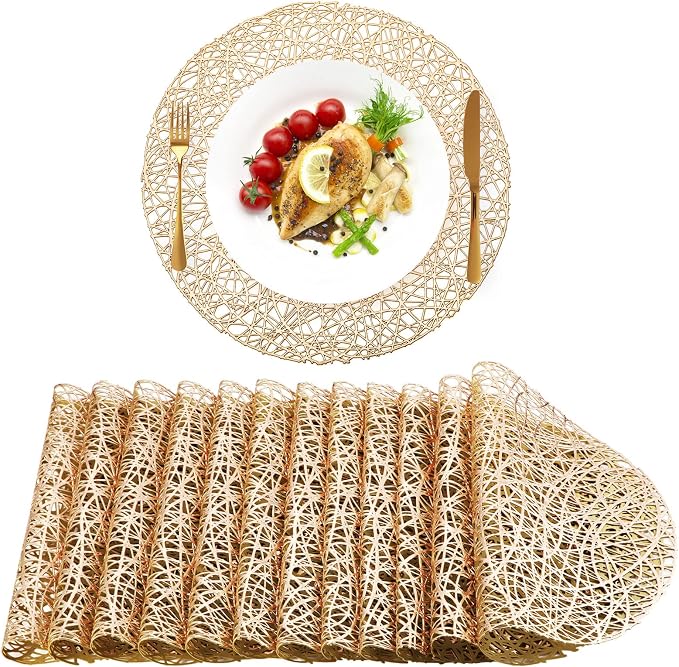 Sieral 12 Packs Gold Round Placemats 15 Inch Hollow Out Pressed Vinyl Place Mats Heat Resistant Woven Gold Placemats for Christmas Dinner Table Winter Holiday Party Wedding Centerpiece Decoration