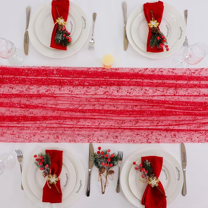 Snowkingdom 6 Pcs Red Glitter Table Runner 10 FT, Sheer Chiffon Sparkle Gauze Cheesecloth Mesh Runners 120 Inch, Red Table Centerpieces Decoration for Birthday Party Wedding Christmas Mothers Day