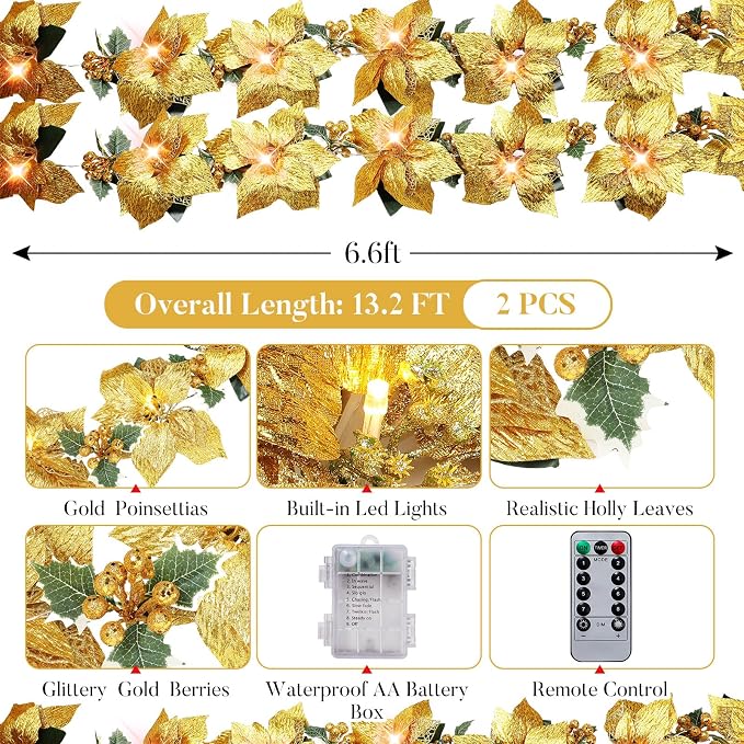 Zubebe 2 Pcs Prelit Poinsettia Christmas Garland with String Lights Glitter Holly Leaves Berries Remote Timer 8 Modes 6.5 ft Lighted Flower Garland Battery Operated Indoor Outdoor Decor(Gold)