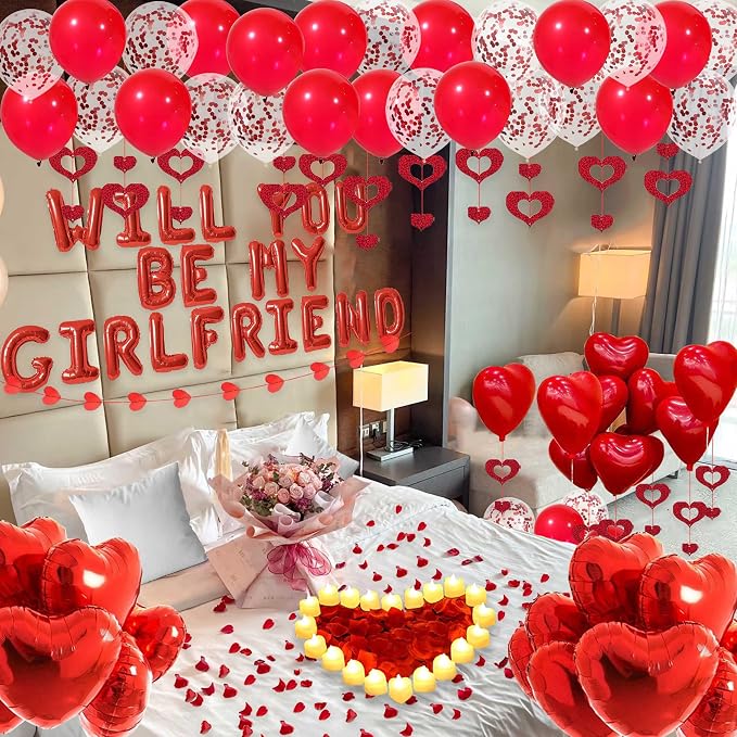 Red Will You Be My Girlfriend Balloons - 2000pcs Red Artificial Rose Petals 48pcs Flameless LED Candle Tealight 21pcs Letter Balloons 18" Heart Balloon Latex Balloon for Valentines Day Decorations