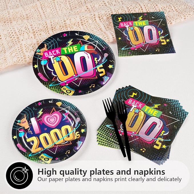 96Pcs 2000s Party Decorations Y2K Early 2000s Theme Plates and Napkins Hip Hop Back to the 00s Disposable Paper Tableware Set for Adult Teens Retro 00s Birthday Party Supplies Serves 24