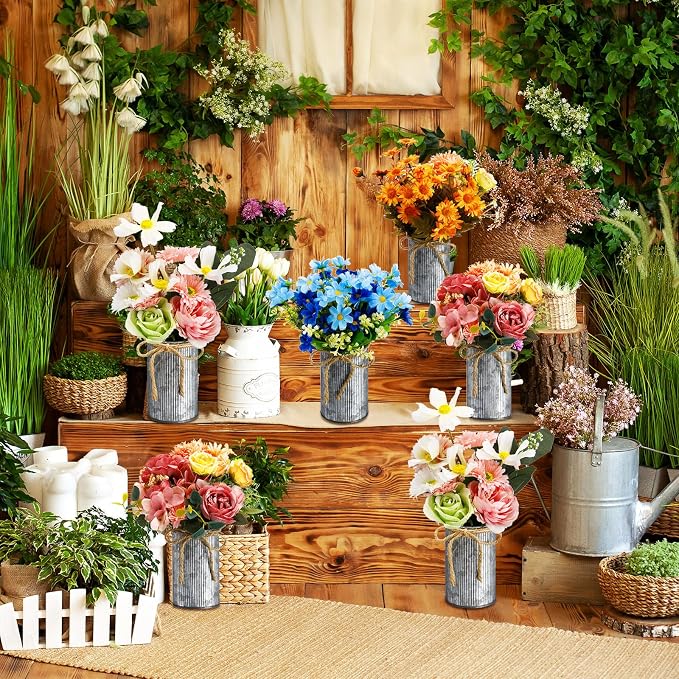 Rustic Vase for Table Centerpieces 4.33 Inch Small Petite Flower Vase with Twine Bow Vintage Farmhouse Decor for Wedding Reception Dining, Home Galvanized Metal Buckets(Iron Color,36 Pcs)