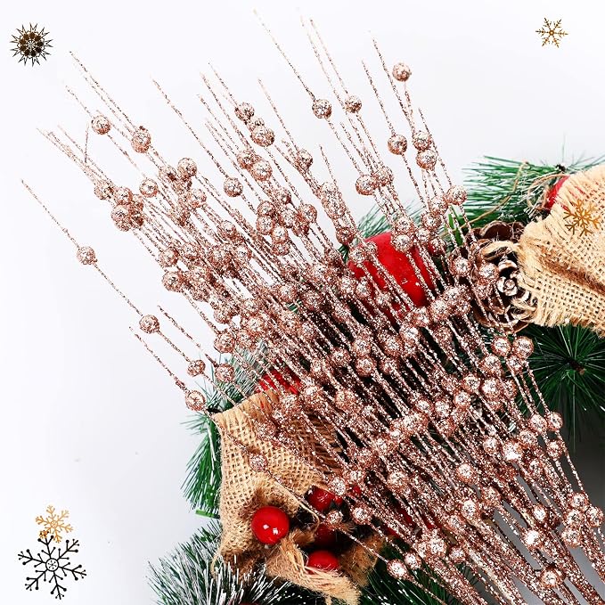 Geosar 30 Pcs Artificial Glitter Berry Stem Decorations 17 Inch Faux Stick Floral Pick Centerpiece Bouquet Flower Bead Twigs for Centerpiece Tree Wreath Ornaments Home(Rose Gold)