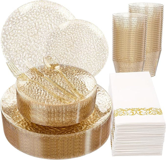 Rubtlamp 175 Pcs Gold Glitter Plastic Plates, Hammered Disposable Plates Set (25 Guests), Glitter Dinnerware Set Include 50 Plastic Plates, 75 Glitter Silverware, 25 Cups And 25 Napkins for Party
