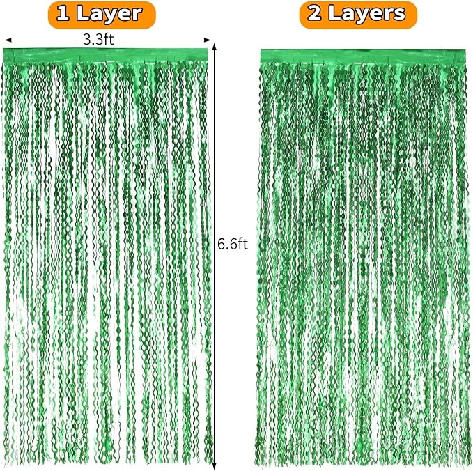 4Pcs Wavy Green Fringe Backdrop -3.3x6.6ft Green Streamer Foil Curtains for Jungle Party Decorations | St Patricks Day Decorations | Football Decorations | Xmas