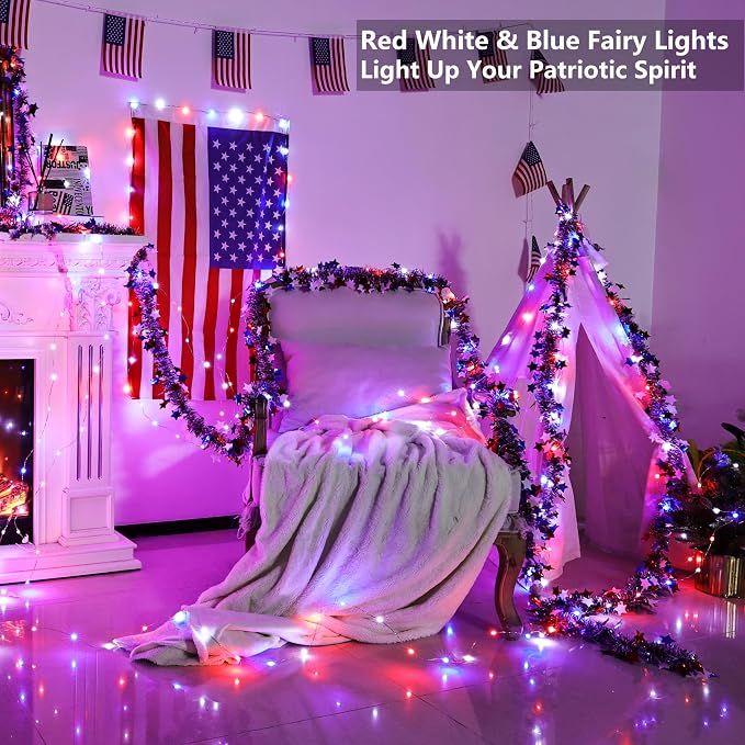 BrizLabs Color Changing Fairy Lights - 33ft 100 LED Red White & Blue Lights with Remote, Patriotic Light Music Sync Rainbow Christmas Tree Lighting with Timer for Xmas Halloween July 4th Party Home