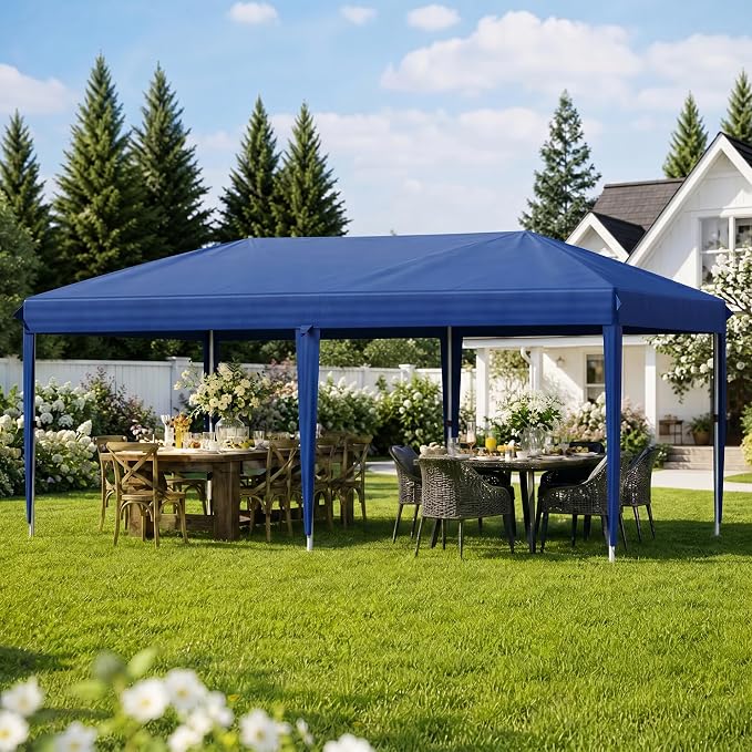 10x20 Pop Up Canopy Without Sidewalls, Instant Tent with Carry Bag, Sandbags, Height Adjustable Waterproof Outdoor Canopy, Outdoor Canopy for Events, Camping, Parties (Blue)