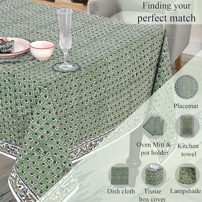 Ridhi Basil Green Hand Block Print Cotton Rectangle Tablecloth 108" x 70" inches Reusable Table Cover Decorative Everyday Use for Dining Room, Farmhouse, Home Gift for Spring, Mother's Day