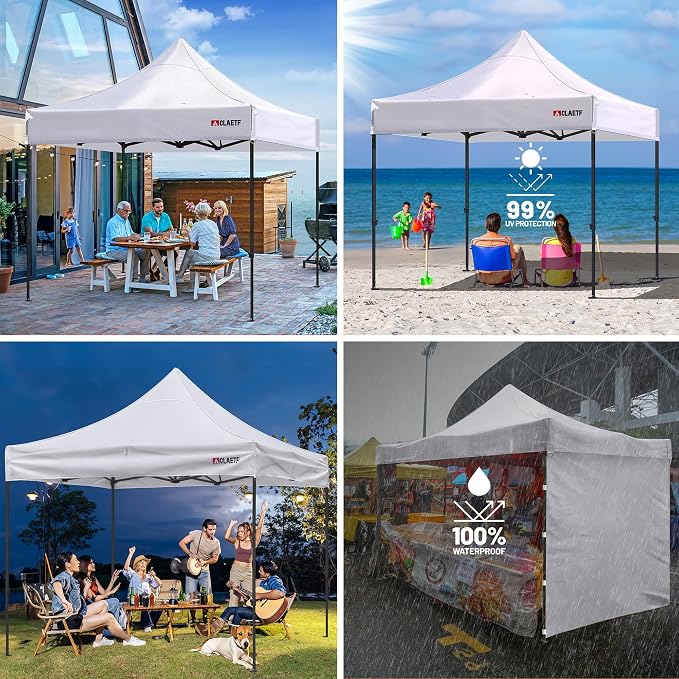 Heavy Duty Pop Up Canopy Tent-8 Drainage Holes,Waterproof & UPF 50+,4 Sandbags,8 Stakes for Commercial,Outdoor Events Instant Set Up,(White 10x10)