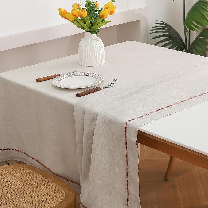 Linen World Hemstitch Linen Tablecloth,100% Natural French Flax,60x120Inch Handcrafted Natural-Macchiato Linen Table Cloth,Tabletop Decoration,Table Cloths for Kitchen,Dining