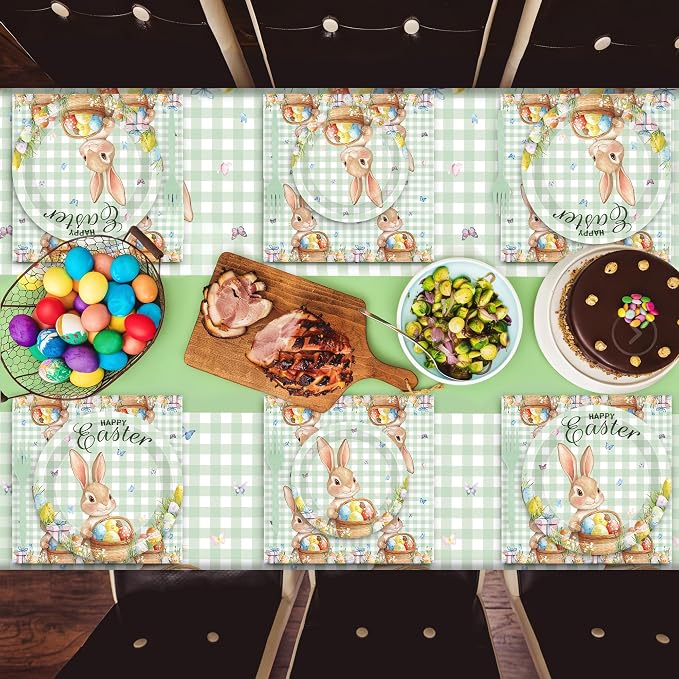 122 Pcs Easter Plates and Napkins Set, Disposable Bunny Eggs Dinnerware Easter Decorations, Sage Green Paper Plates, Napkins, Fork and Tablecloth for Spring Celebrations Party Favors, Serve 30 Guests