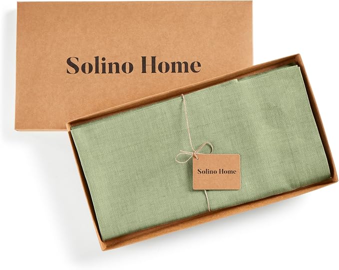 Solino Home Linen Cloth Tablecloth 52 x 52 Inch - 100% Pure Linen Chambray Olive Square Tablecloth - Athena, Machine Washable Table Throw for Summer