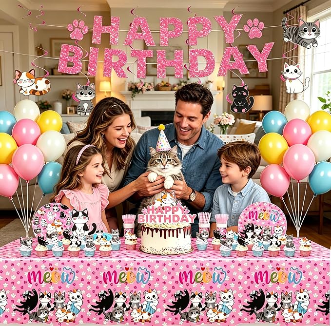 206PCS Cat Party Supplies Set - Complete Cat Themed Birthday Party Decorations with Plates, Cups, Napkins, Tablecloth, Honeycomb Centerpieces,Banner & Balloon and Hanging Swirls