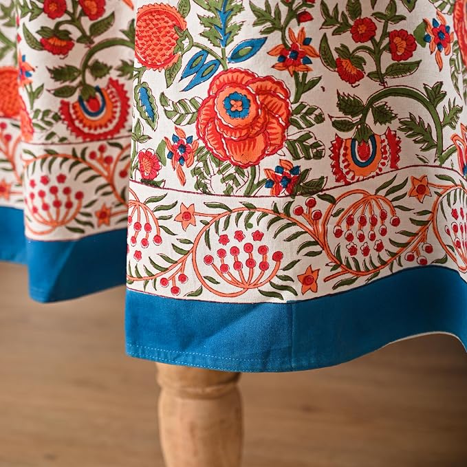 Hand Block Printed Tablecloth – Colorful Floral Print | 100% Cotton | Indian Artisan Handmade Art | Dining Room, Kitchen, Outdoor Décor, (Peach Floral, 8 Seater 90 Inches Round)