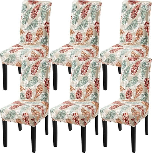 Fuloon Chair Covers for Dining Room 6 Pack, Printed Stretch Dining Slipcovers, Washable Kitchen Slip Covers for Parson Chair, Color Leaves Printed, Set of 6