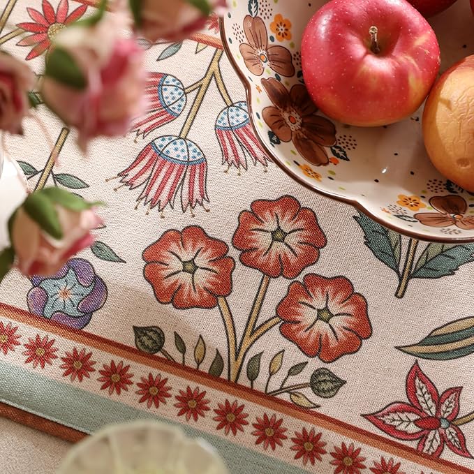 bilin gaier Floral Linen Long Table Runner,Wrinkle-Resistant Rustic Farmhouse Decor with Blue and Red Flower,Decorative Luxury Vintage Runner Table Cloth for Coffee & Dining Table,12"x71" - Lohi