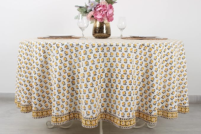 Ridhi Round Tablecloth Hand Block Print 100% Cotton Reusable Vintage Yellow 60 Inch Table Cover Decorative Everyday Use for Dining, Home, Party, Wedding, Farmhouse, Party Gift for Spring, Mother's Day