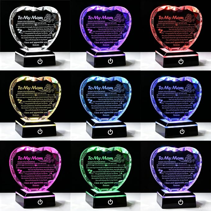 Crystal Heart Keepsake Gift for Mom from Daughter Son | Colorful LED Base, Mothers Day Gift, Birthday Gift, Unique Design