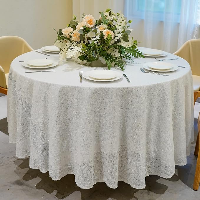 White Sequin Tablecloth, 108'' Round Sparkly Tablecloth, Glitter Tablecloth for Wedding Baby Shower Birthday Party Dinners