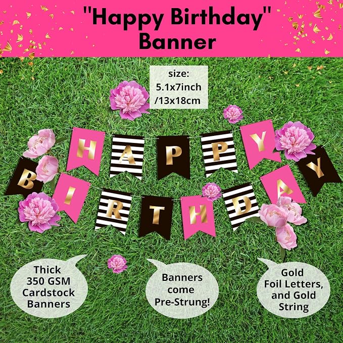 RainMeadow Pink Birthday Decorations for Women, Hot Pink and Black Party Decorations Kit, Happy Birthday Banner, Balloons, Paper Fans, Cake Topper, Sash, Pre-Strung for Girls & 40th 50th Milestones