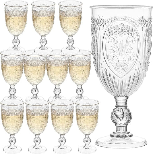 Plastic Wine Glasses 12Pcs Plastic Goblets 7.5oz Colored Retro Embossed Glassware Vintage Stemmed Drinking Cup Reusable Water Goblets for Wedding Reception Grand Event Party Bar,Whiskey (Clear)