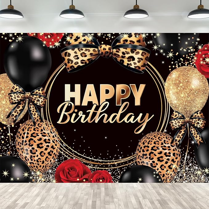 Leopard Print Bow Happy Birthday Backdrop 8Wx6H Feet Polyester Fabric Black Gold Red Rose Cheetah Print Bownot Decoration Balloon for Women Girl Photography Background Photo Shoot Props