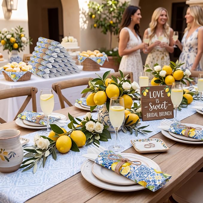 400 Pcs Capri Lemon Party Supplies Biodegradable Disposable Tableware Set for 100 Guest Knives Spoon Fork Paper Napkins Mediterranean Lemons Supplies for Bridal Shower Wedding Bridesmaid Gift