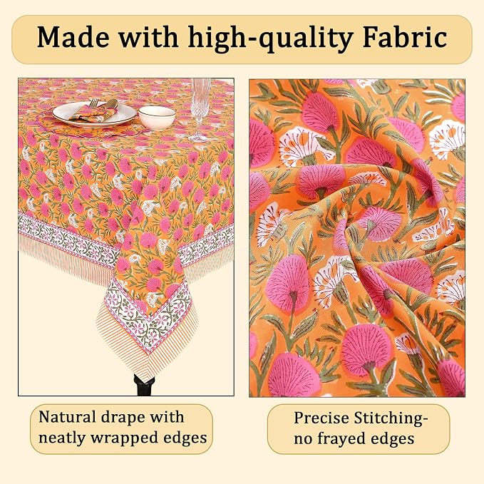 Ridhi Bubblegum Pink Hand Block Print Cotton Rectangle Tablecloth 140" x 72" inches Reusable Table Cover Decorative Everyday Use for Dining Room, Farmhouse, Home Gift for Spring, Mother's Day