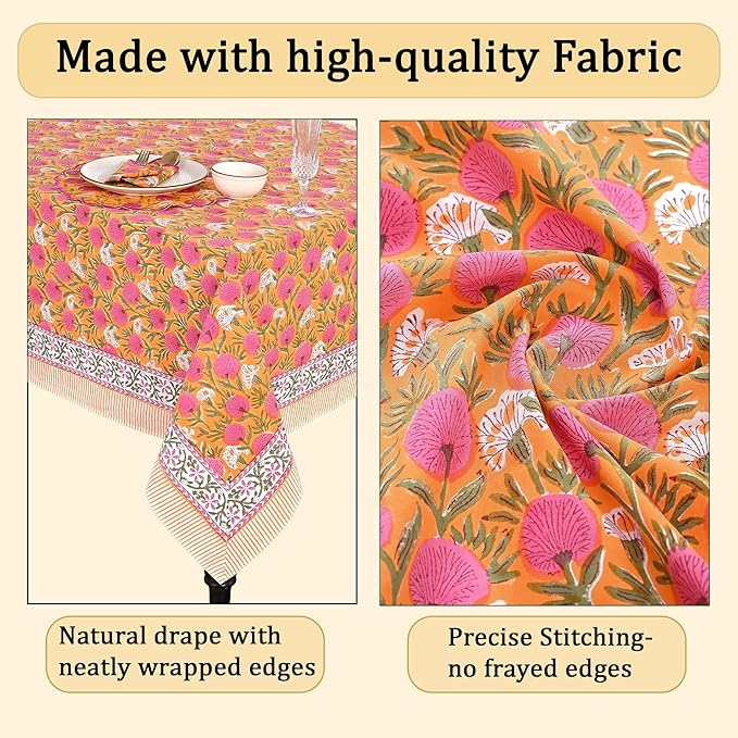 Ridhi Bubblegum Pink Hand Block Print Cotton Rectangle Tablecloth 108" x 70" inches Reusable Table Cover Decorative Everyday Use for Dining Room, Farmhouse, Home Gift for Spring, Mother's Day