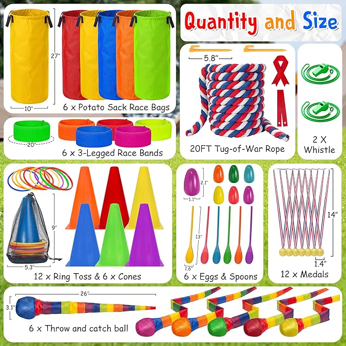 LINAYE Field Day Games for Kids Adults, Outdoor Activities Carnival Lawn Yard Family Reunion Survivor Games Tug of War Rope, Potato Sack Race Bags, Ring Toss, Throw and Catch Ball for Birthday Party