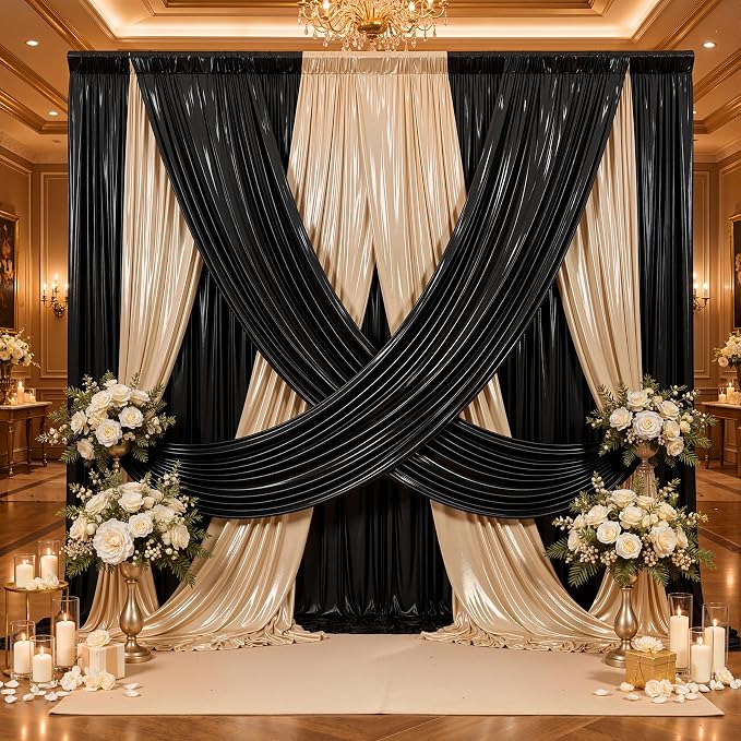20ftx10ft Black and Champagne Sequin Backdrop Curtain Panels for Parties, Wrinkle Free Glitter Photo Backdrop Drapes 4 Panels 5x10FT Shimmer Back Drop Cloth for Wedding Birthday Photography Background