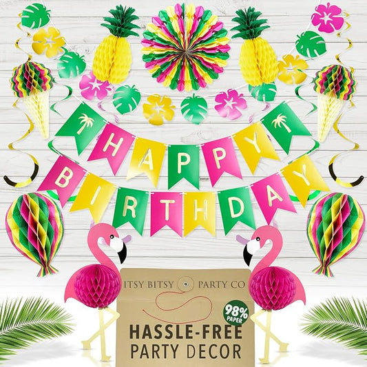 Premium Reusable Luau Party Decorations - Hawaiian Party Decorations, Happy Birthday Decorations - Aloha / Happy Birthday Banner, Pineapple, Flamingo Decor- Summer / Beach / Tropical Party Decorations