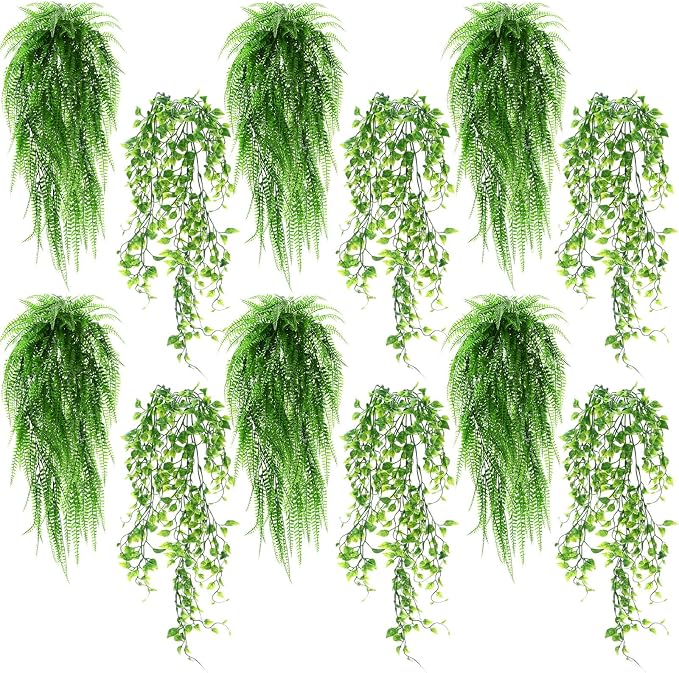 Daifunli 12 Pcs Artificial Hanging Plants Fake Hanging Ferns Plastic Fake Plant for Wall Room Garden Garland Indoor Outdoor Decor No Basket (Ivy,Boston Ferns)