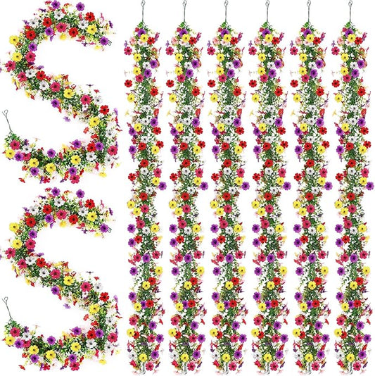8 Pcs 6 ft Artificial Flowers Wisteria Garland-Total 48 ft Fake Hanging Wisteria Flowers Green Vines Garlands, Faux Flower Daisy with Eucalyptus Leaves for Garden Decor (Mixed 6 Colors)