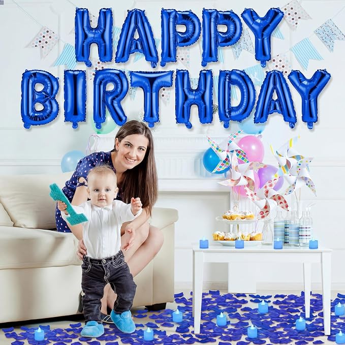 Blue Happy Birthday Balloons Decorations Happy Birthday Letter Balloons Banner Set with 24pcs Round Flameless LED Candles and 2000pcs Artificial Rose Petals for Women Men Room Party Decor