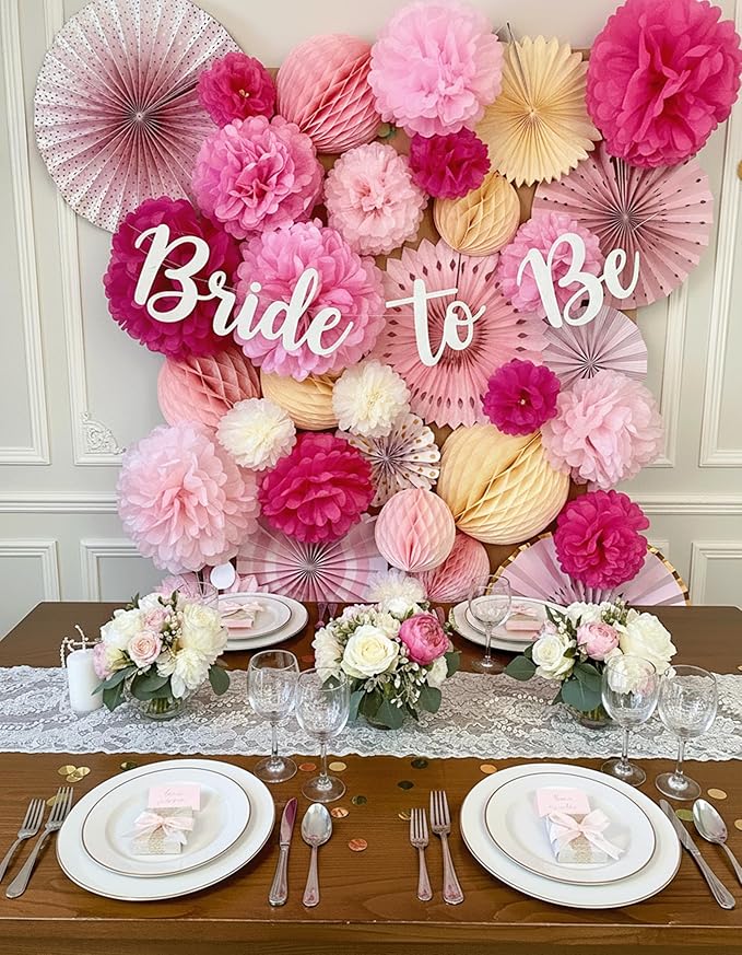 PapaKit Deluxe Origami Large Wall Decoration Set (Assorted Paper Fans & Pom-poms) Birthday Party Baby Shower Wedding Event Decor | Creative Art Design (Sparking Pink Rose Blush, Deluxe 26 Piece Set)