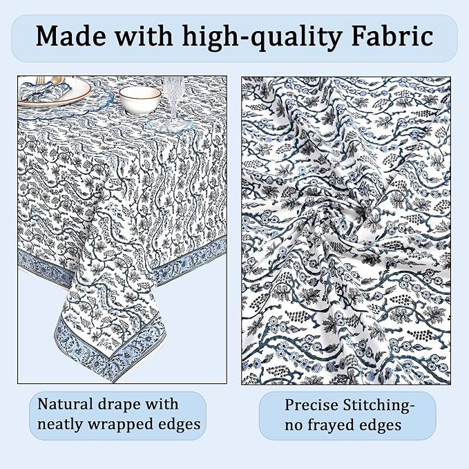 Ridhi Baby Blue Eyes Hand Block Print Cotton Rectangle Tablecloth 190" x 72" inches Reusable Table Cover Decorative Everyday Use for Dining Room, Farmhouse, Home Gift for Spring, Mother's Day