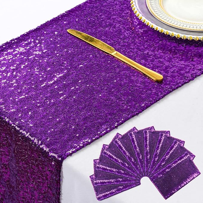 ShinyBeauty Purple Sequin Table Runners 12x108 Inches (Pack of 10) - Glittering Wedding, Graduation, Birthday, Baby Shower Party Decor, Elegant Holiday Table Cover Supplies